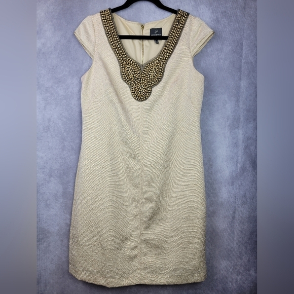 Adrianna Papell Beaded Neckline Details Cap Sleeve Natural Size 8 - Picture 1 of 11